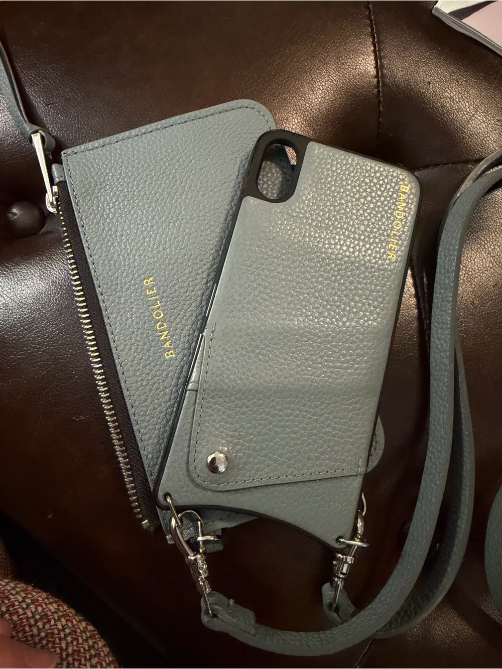 Bandolier Leather Crossbody Phone Case & Wallet in Blue Gray